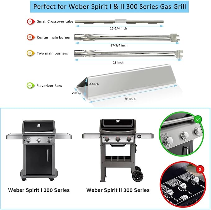 Spirit e310 7636 Flavorizer Bars & 69787 Grill Burner for Weber Spirit and Spirit II 300 Series E310 E320 E330 S310 S320 S330 68950 with Front Control, Grill Parts 15.3" Heat Plate, 18" Burner Tube