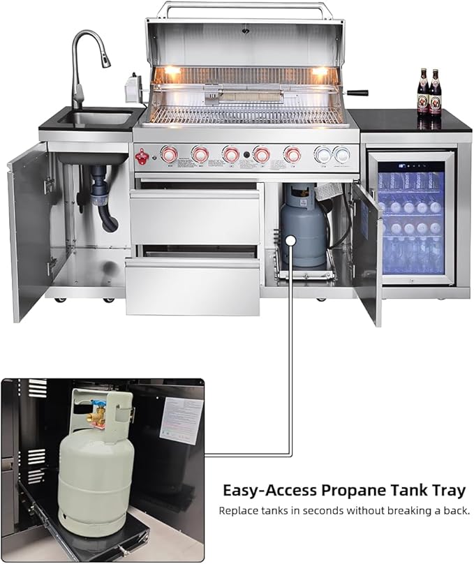 BBQ Outdoor Kitchen Island Grill Barbecue Modular Patio Kitchens Kits with Electric Rotisserie, Sink, fridge, and Burner for More than 10 People