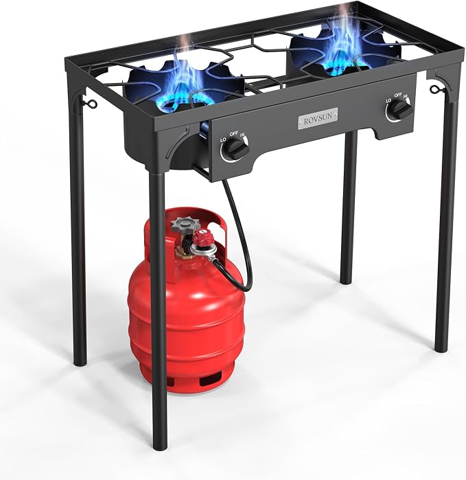 ROVSUN 2 Burner Outdoor Propane Gas Stove with Adjustable Regulator, 150,000 BTU High Pressure Stand Cooker for Backyard Cooking Camping Home Brewing Canning Turkey Frying