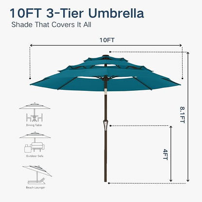 10FT Patio Umbrella 3 Tiers Outdoor Market Umbrella w/Push Button Tilt, Crank, UV and Waterproof Table Umbrella for Garden, Pool, Backyard, Deck, Lawn, Lake Blue