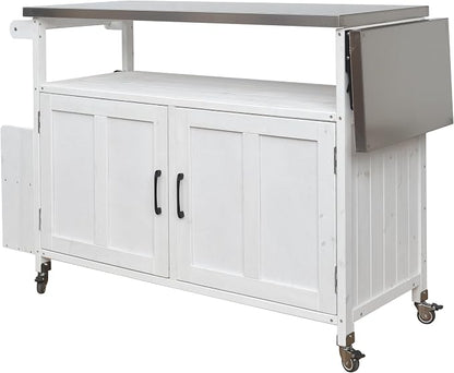 JIVOIT Outdoor Fir Wood Kitchen Island with Foldable Stainless Steel Top, Patio Mobile Kitchen Cart Portable Outdoor Cooking Island with Lockable Wheels, Storage Cabinet and Towel Rack (White/124)