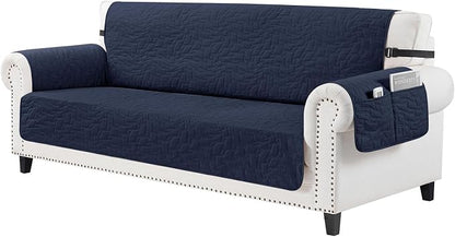 CUCRAF Non Slip Quilted Sofa Cover, Water Resistant Slipcover Furniture Protector for 3 Cushion Sofa Pet Friendly, Washable Couch Cover with Adjustable Elastic Straps (X-Large, Navy Blue)