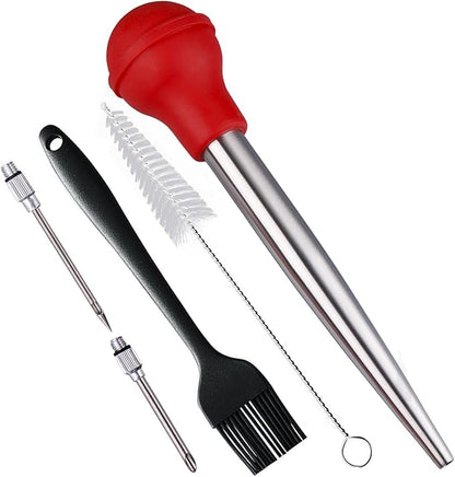 Turkey Baster, 18/8 Stainless Steel Baster Syringe Meat Injector Baster Set with 2 Needles&2 Cleaning Basting Brush, Turkey Baster for Flavor Meat Poultry, Beef & Chicken Cooking Red