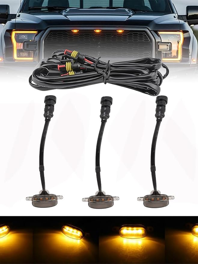 LED Front Grille Running Lights Compatible with Ford F150 Raptor 2004-2018, Compatible with Ram Raptor Style 2013-2018, 12V Grille Marker Light with Wiring Harness, Smoked Lens Amber, 3PCS