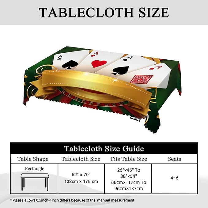 Swono Poker Table Cloth Gambling Playing Cards Game Casino Print Rectangle Tablecloth Picnic Table Cover BBQ Table Cloth Polyester for Kitchen Party Dinner 50x72 Inch
