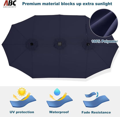 ABCCANOPY 15FT Solar LED Double-Sided Umbrella with Base, Navy Blue | Rectangular Outdoor Table Umbrella with Crank, Heavy Duty Market Umbrella Shade for Garden,Poolside, Lawn, Backyard