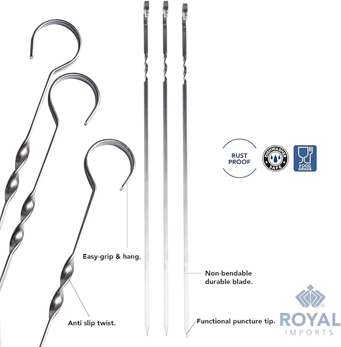 Royal Imports Metal Shish Kabob Skewers Sticks for BBQ Grilling, Roasting, Barbecue Stainless Steel, 17" long Re-usable - 12 Pcs