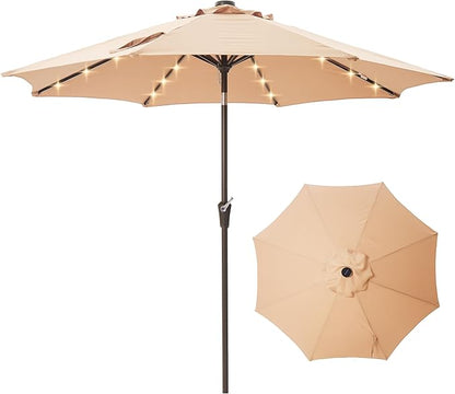 9FT Solar-Powered LED Patio Umbrella with Tilt Crank,Outdoor Market Umbrella with 32 Lights,Sunshade for Deck, Garden and Pool