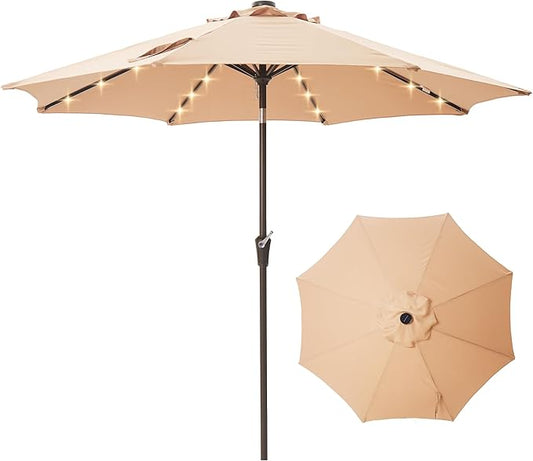 9FT Solar-Powered LED Patio Umbrella with Tilt Crank,Outdoor Market Umbrella with 32 Lights,Sunshade for Deck, Garden and Pool