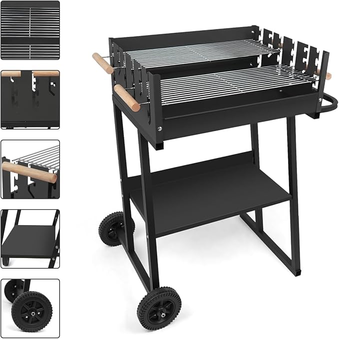 Portable Charcoal Grill, Skewer Charcoal Grill with Wheels and Handle for Picnics Camping and Backyard Cooking