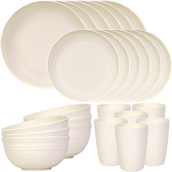 Quatish 24 Piece Plates and Bowls Sets for 6, Unbreakable Dinnerware Sets, Dish Set for Camping, Dishwasher Microwave Safe, Outdoor Kitchen and Apartment Dorm Dinning RV Essentials, Beige