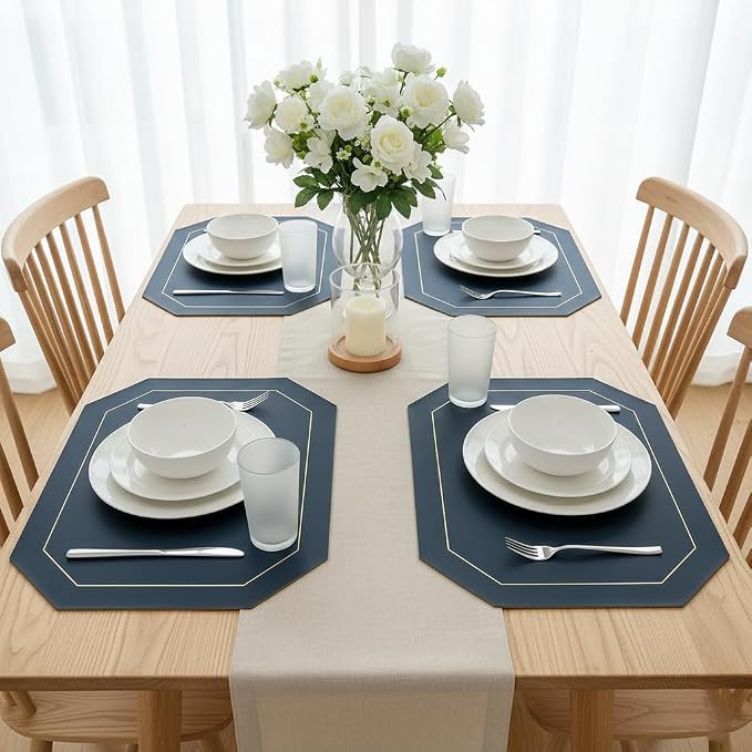 Oil-Proof Faux Leather Placemats Set of 4,Wipeable Table Protective Mats,Heat-Resistant Dining for Kitchen, Indoor Outdoor Use,Blue