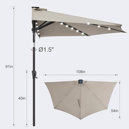 FLAME&SHADE 9 FT Solar Half Patio Umbrella with 25 LED Lights, Half Outdoor Umbrella with Button Tilt, Half Round Table Umbrella For Deck, Backyard, Balconies, Decks, Rvs, UV Protection (Taupe)