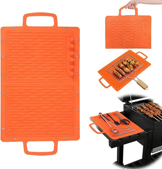 LIONROGE Large Silicone Grill Mat, Foldable Silicone Griddle Tools Spatula Mat with Drip Pad & Handle & Snap Buttons, Portable BBQ Side Shelf Mats Grill Pad for Blackstone Griddles Accessories,Orange