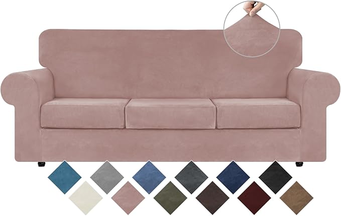 WEERRW 4 Pieces Couch Cover for Sofa Velvet Sofa Covers Washable, Pink | Sofa Covers for 3 Cushion Couch Furniture Protector Sofa Slipcovers with Non Slip Elastic Bottom, Pet Friendly, Large