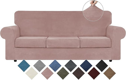 WEERRW 4 Pieces Couch Cover for Sofa Velvet Sofa Covers Washable, Pink | Sofa Covers for 3 Cushion Couch Furniture Protector Sofa Slipcovers with Non Slip Elastic Bottom, Pet Friendly, Large