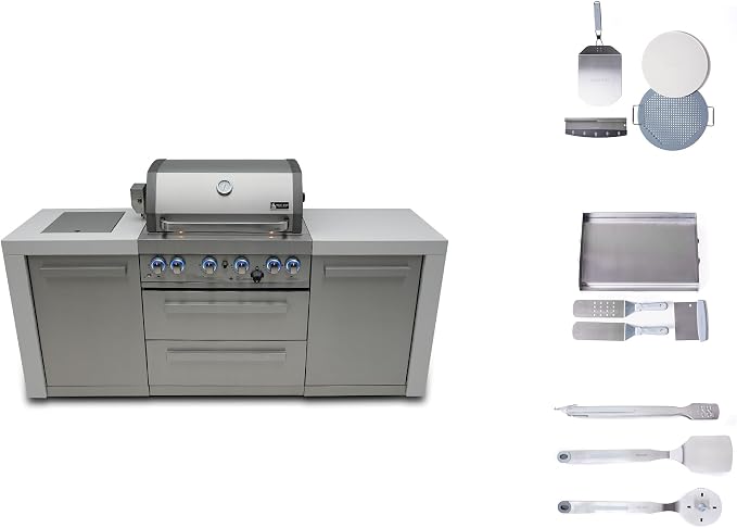Mont Alpi 82-Inch Deluxe Stainless Steel Modular Outdoor Kitchen Island - 32" BBQ Grill | Side Burner | Flat Top Griddle | Pizza Peel Kit Included