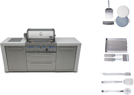 Mont Alpi 82-Inch Deluxe Stainless Steel Modular Outdoor Kitchen Island - 32" BBQ Grill | Side Burner | Flat Top Griddle | Pizza Peel Kit Included