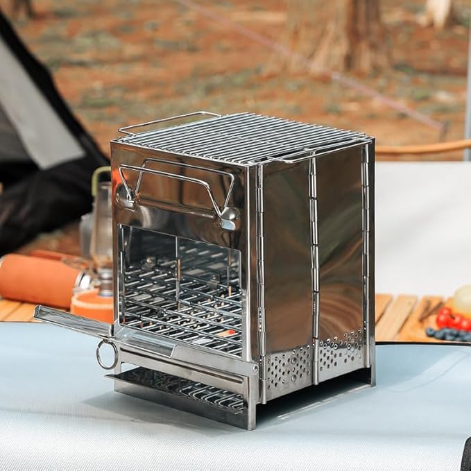 Portable Folding Stainless Steel Camping Wood Burning Stove and Charcoal BBQ Grill