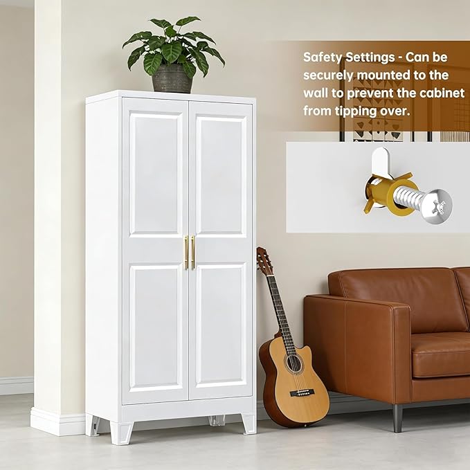 61.4" White Metal Pantry Storage Cabinet, Farmhouse Kitchen Cupboard with 3 Adjustable Shelves, Magnetic Closure, Anti-Tip Kit & Moisture-Proof Legs for Kitchen, Living Room, Assembly Required