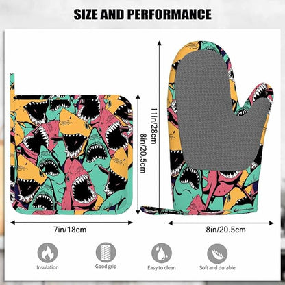 Mxocom Shark Oven Mitts and Pot Holders Sets Sea Ocean Fish Angry Sharks Wide Mouth White Teeth Aqua Silicone Heat Resistant Kitchen Oven Gloves Pot Holder for Cooking