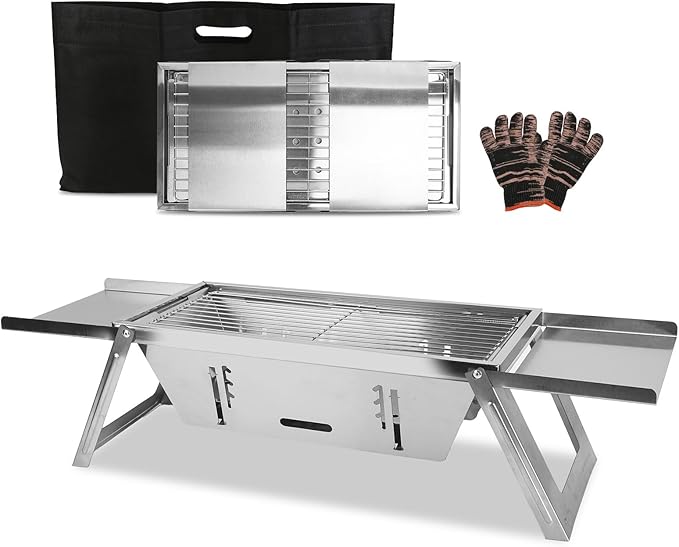 Portable Charcoal Grill, 3 In 1 Stainless Steel Foldable Table Top Charcoal Small Grill, Camping Smoker BBQ Grill with Storage Shelf for Outdoor Cooking, Travel, Camping, Backyard