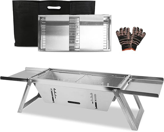 Portable Charcoal Grill, 3 In 1 Stainless Steel Foldable Table Top Charcoal Small Grill, Camping Smoker BBQ Grill with Storage Shelf for Outdoor Cooking, Travel, Camping, Backyard