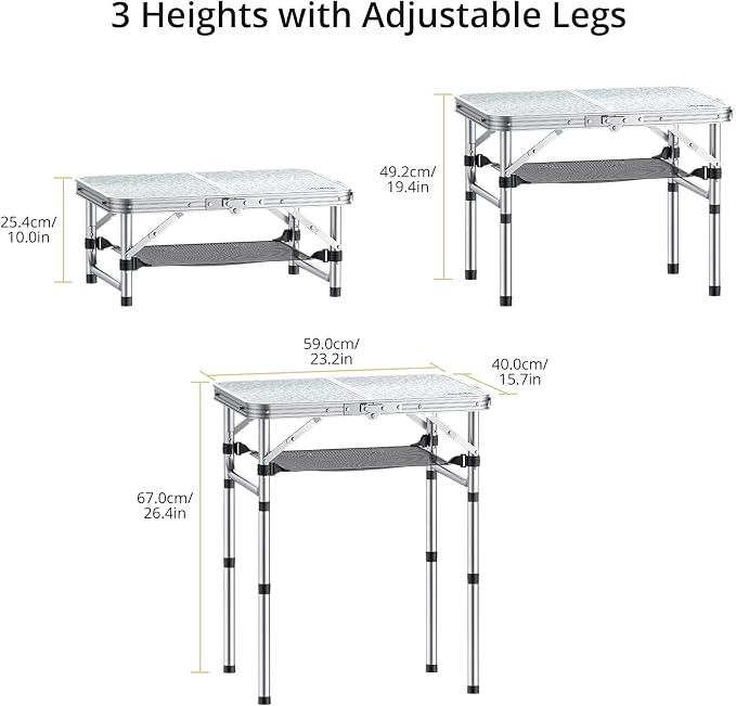 Anbte 2ft Camping Table Foldable, 3 Adjustable Heights 26.3" Aluminum Small Folding Table with Storage Net, Lightweight, Portable Handle for Travel Outdoor Beach Picnic, 23.2" x 16", Silver