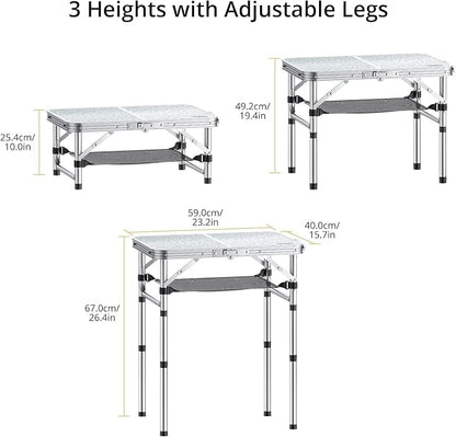 Anbte 2ft Camping Table Foldable, 3 Adjustable Heights 26.3" Aluminum Small Folding Table with Storage Net, Lightweight, Portable Handle for Travel Outdoor Beach Picnic, 23.2" x 16", Silver
