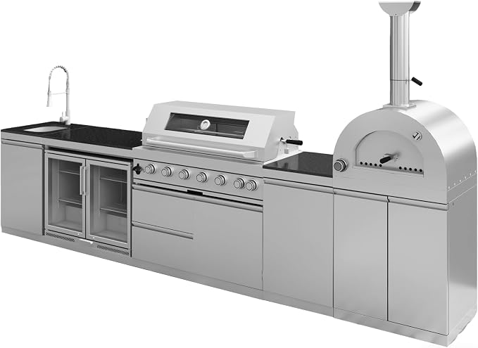 147-Inch Stainless Steel Outdoor Kitchen Island,Natural Gas BBQ Grill with Pizza Oven,Rotisserie,Double Door Refrigerator,Granite Countertop,Storage Cabinets & Drawers 120,000 BTU.