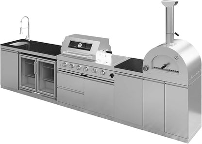 150" Outdoor Kitchen Island,108,000 BTU, Natural Gas BBQ Grill with Pizza Oven,Rotisserie,Double Door Refrigerator,Granite Countertop,Storage Cabinets & Drawers,Stainless Steel Build.