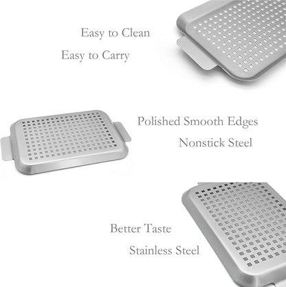 Grill Topper Non-Stick Stainless Steel BBQ Tray with Holes Outdoor Grilling Pans for Meat Vegetables Set of 2 (16.5" x10" and 13"x7.4")