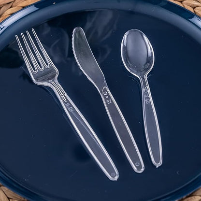 PARTY BARGAINS Disposable Cutlery Set 120-Piece – Sapphire Settings Clear Plastic Forks Spoons Knives – Heavy-Duty Utensils for Parties Catering Weddings & Events – BPA Free