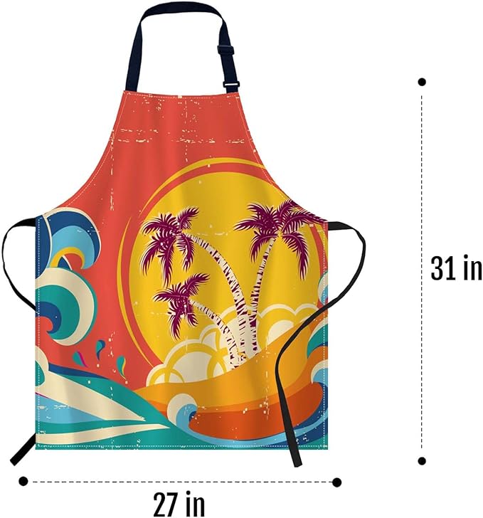 oFloral Hawaii Beach, Vintage palm tree sun Tropical Island Giant Wave Bib Apron with Adjustable Neck for Men Women,Suitable for Home Kitchen Cooking Waitress Chef Grill Bistro Baking BBQ Apron