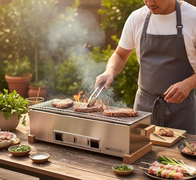 The Bincho Grill 24 Inch Wide Body Yakitori Grill – Japanese Style Charcoal Robata BBQ for Skewers, Steaks, and More – Restaurant-Quality Binchotan Tabletop Grill – Portable and Durable