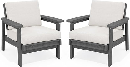SERWALL HDPE Outdoor Couch Set of 2, All-Weather Wood-Like Patio Furniture Set, Outdoor Sofa Chairs with Khaki Cushions