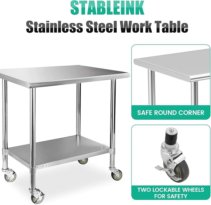 STABLEINK Stainless Steel Table with Wheels 36x30 Inches 3ft for Prep | NSF Certified Metal Work Table Workbench with Casters for Commercial Kitchen Restaurant Hotel Laundry Garage Chef Homemaker