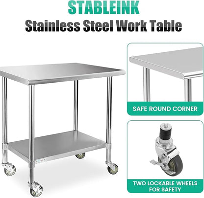 STABLEINK Stainless Steel Table with Wheels 36x30 Inches 3ft for Prep | NSF Certified Metal Work Table Workbench with Casters for Commercial Kitchen Restaurant Hotel Laundry Garage Chef Homemaker