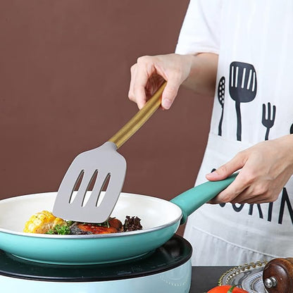 Berglander Non-stick Silicone Slotted Turner with Titanium Gold Plated Handle for Cooking, Dishwasher Safe, Easy to Clean