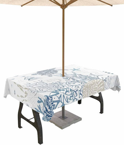 Blue Coastal Outdoor Tablecloth - 60x120 Inch Rectangle Waterproof Dining Table Cover, Nautical Summer Beach Sea Turtle Coral Outdoor Table Cloth with Umbrella Hole & Zipper for Patio