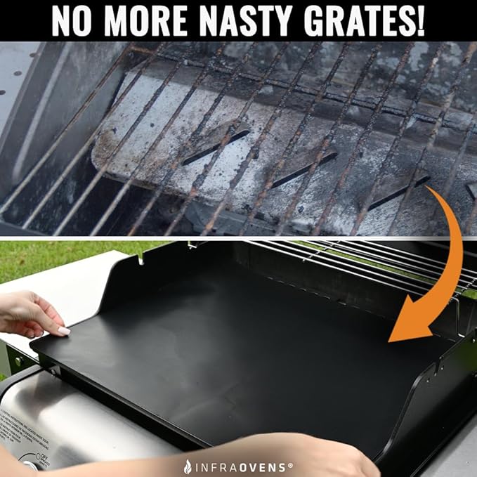 INFRAOVENS Set of 3 BBQ Grill Grate Liners, 25 x 17 Reusable Grill Toppers for Outdoor Charcoal, Gas, Electric - Grilling Accessories and Thermometer, Non Stick, Easy to Clean, Cut to Size, PFOA Free