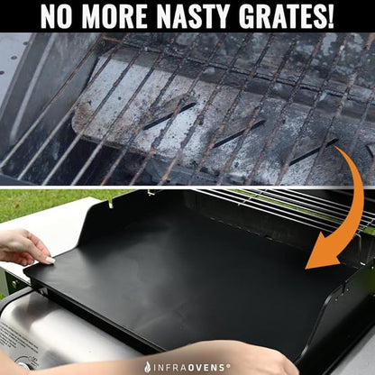 INFRAOVENS Set of 3 BBQ Grill Grate Liners, 25 x 17 Reusable Grill Toppers for Outdoor Charcoal, Gas, Electric - Grilling Accessories and Thermometer, Non Stick, Easy to Clean, Cut to Size, PFOA Free