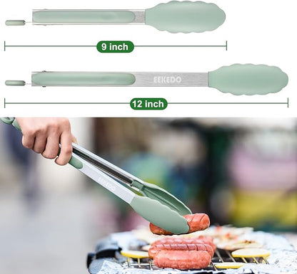 Tongs for Cooking, 600ºF High Heat-Resistant Stainless Steel Kitchen Tongs with Silicone Tips, Non Scratch, Locking Tong for BBQ Grilling Air Fryer Food Salads, Set of 2 (9" and 12") Sage Green