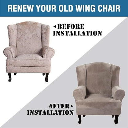 H.VERSAILTEX Wingback Chair Covers Velvet Plush Wing Chair Slipcover 1 Piece High Stretch Wing Back Chair Slipcovers Sofa Cover Furniture Cover with Elastic Bottom, Taupe