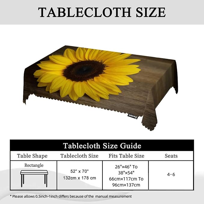 Swono Sunflower Table Cloth Rectangle Tables Retro Garden Autumn Sunflower On Wooden Kitchen Table Cover Oblong 52"X70" Tablecloth for Dining Table Buffet Parties Patio and Camping