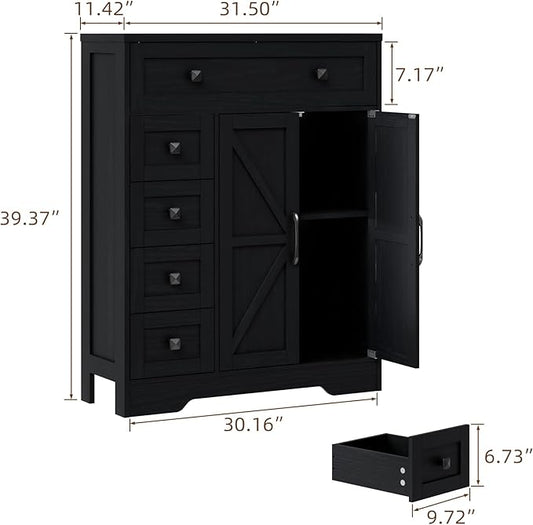 Vabches Farmhouse Storage Cabinet with 2 Doors and 5 Drawers, Freestanding Bathroom Cabinets Kitchen Pantry, Floor Storage Cabinet Hutch Cupboard for Living Room/Bathroom/Kitchen.Pure Black