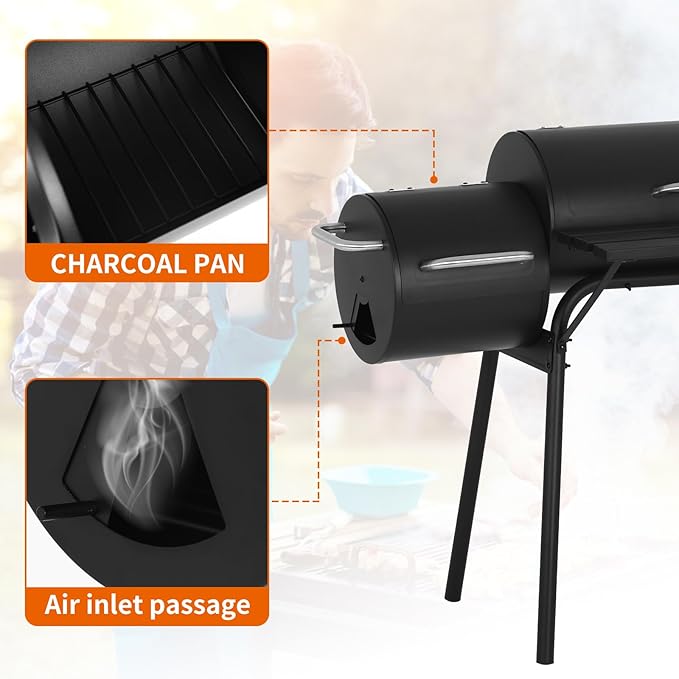 43"Charcoal Grills with 2 Wheels Portable Charcoal Grill Side Fire Box, Outdoor BBQ Grill for 6-10 People Patio Backyard Camping Picnics, Black