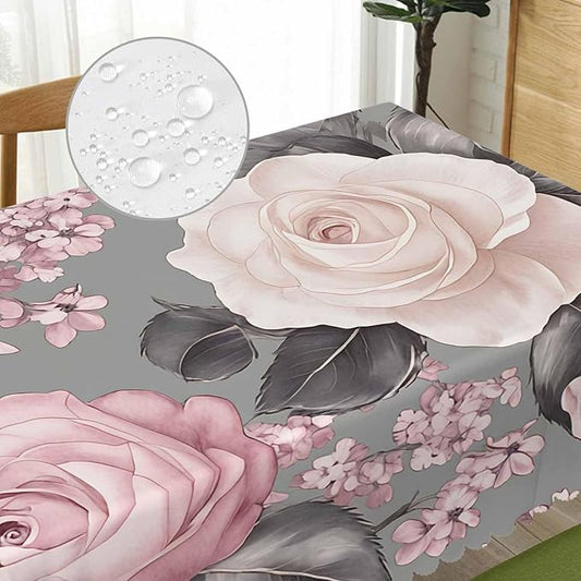 Rose Tablecloth for Rectangle Tables - Gray Pink Roses Cover for Indoor and Outdoor Picnic, Camping, Dinner, Kitchen - 52"X70"