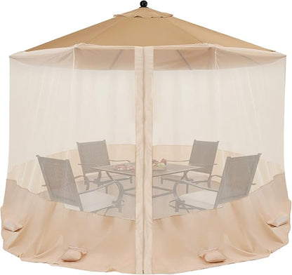 COOSHADE 7.5-11FT Patio Umbrella Mosquito Netting Polyester Screen Mesh Net for Outdoor Umbrella with Zipper Door and Weight Bag Beige