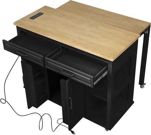 Merax Rolling Kitchen Island on Wheels with Extendable Dining Table & Power Outlet, Wood Kitchen Cart on Wheels with Internal Storage Rack,2 Drawers & 2 Cabinets, 47" Wide Black